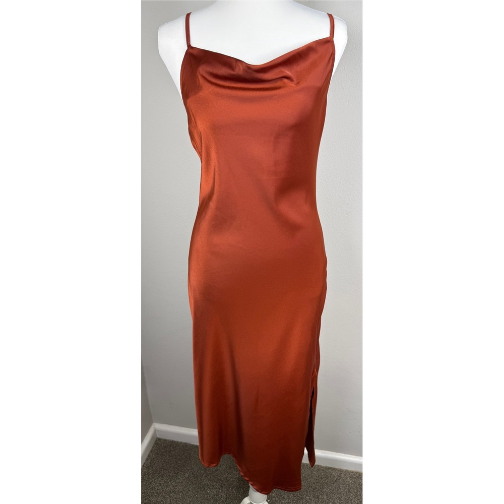 Y2K Slip Dress Women Size S Rust Orange Satin Strappy Back Cowl Neck 90's Fall